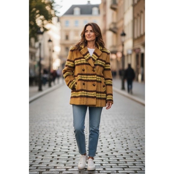 Vigoss Plaid Double Breasted Peacoat Lemon,‎ Brushed Polished Checks Preppy Fall - Picture 3 of 15